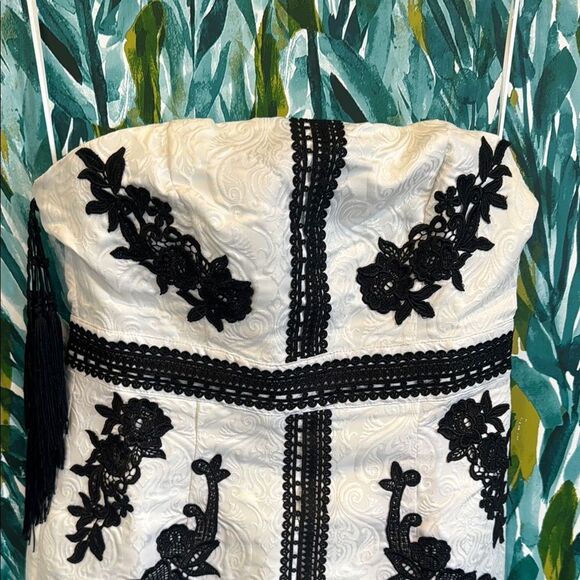 Elegant Embroidered Black and White Strapless Dress - Picture 3 of 10